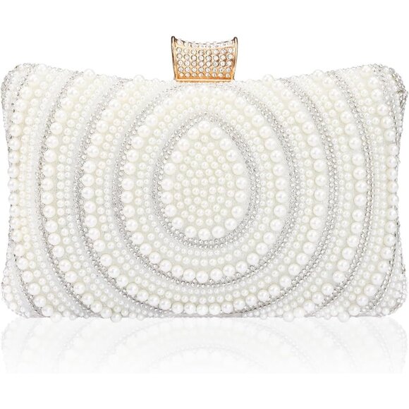 Versatile Pearl Beaded Clutch Bag with Golden Chains - Women’s Evening Accessory